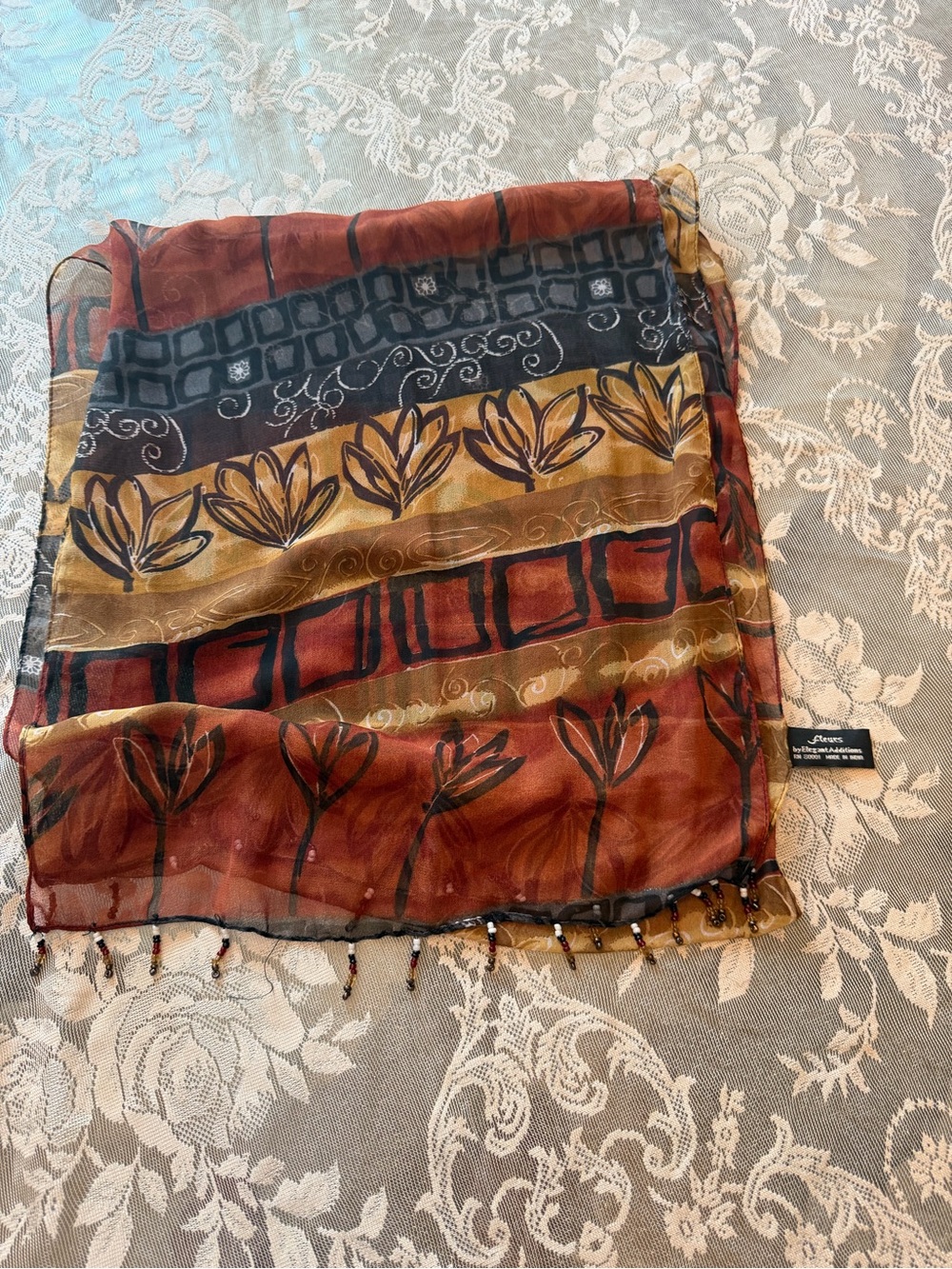 Vintage Floral Boho Beaded Edge Scarf in Rust, Black & Gold
